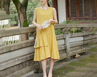Summer Dress Cotton Dress Sleeveless Dress Knee Dress Customized Plus Size Clothes Loose Shirt Dress Tunics Loose Sundress Soft Homewear
