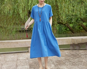 Women Summer Dress Cotton Dress Customized Dress Short Sleeves Dress Midi Dress Plus Size Dress Soft Dress Casual Loose Loose Dress Tunics
