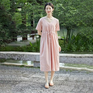 Women Summer Dress Cotton Dress Customized Dress Short Sleeves Dress Midi Dress Plus Size Dress Soft Dress Linen Loose Dress Tunics