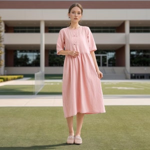 Summer Dress Cotton Dress Casual Loose Tunics Half Sleeves Midi Dress Custom Plus Size Dress Linen A-line Dress Soft Loungewear Homewear