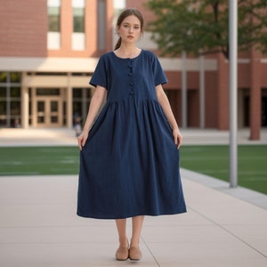 Women Summer Dress Cotton Dress Customized Dress Short Sleeves Dress Midi Dress Plus Size Dress Soft Dress Linen Loose Dress Tunics