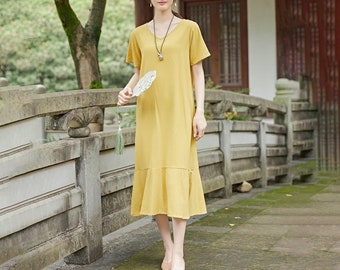 Women Summer Dress Cotton Dress Customized Dress Short Sleeves Dress Midi Dress Plus Size Dress Soft Dress Casual Loose Loose Dress Tunics