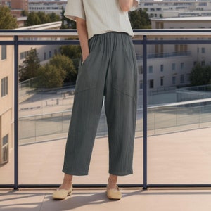Pantalones de algodón con cintura elástica, pantalones largos holgados, pantalones de lino personalizados, bolsillos laterales, pantalones largos de primavera, pantalones largos de verano, ropa de hogar suave