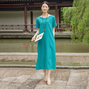 Women Summer Dress Cotton Dress Customized Dress Short Sleeves Dress Midi Dress Plus Size Dress Soft Dress Linen Loose Dress Tunics
