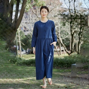 Long Sleeves Dress Cotton Shirt Dress Midi Dress Customized Dress Pockets Dress Plus Dress Linen Spring Fall Dress Casual Loose Soft Robes