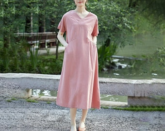 Women Summer Cotton Dress Midi Dress Short sleeves Dress Drawsting Dress V-neck Dress Pockets Dress Casual Loose