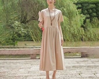 Women Summer Dress Cotton Dress Customized Dress Short Sleeves Dress Midi Dress Plus Size Dress Soft Dress Casual Loose Loose Dress Tunics