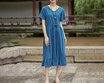 Women Summer Dress Cotton Dress Customized Dress Short Sleeves Dress Midi Dress Plus Size Dress Soft Dress Casual Loose Loose Dress Tunics