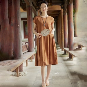 Women Summer Dress Cotton Dress Customized Dress Short Sleeves Dress Midi Dress Plus Size Dress Soft Dress Linen Loose Dress Tunics