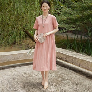 Women Summer Dress Cotton Dress Customized Dress Short Sleeves Dress Midi Dress Plus Size Dress Soft Dress Linen Loose Dress Tunics