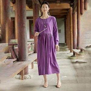 Women Long Sleeves Cotton Dress Maxi Dress Ankle Dress Customized Dress Pockets Dress Plus Size Dress Linen