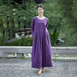 Women Long Sleeves Cotton Dress Maxi Dress Ankle Dress Customized Dress Pockets Dress Plus Size Dress Linen