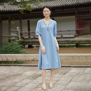 Women Summer Dress Cotton Dress Casual Loose Half Sleeves Midi Dress Custom Plus Size Dress Linen A-line Dress Soft Loungewear Homewear