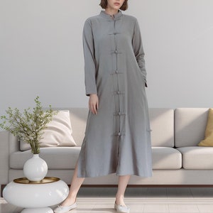Jurk met lange mouwen Katoenen jasjurk Midi-jurk Aangepaste jurkzakken Vest Plus-jurk Linnen lente herfstjurk Casual losse zachte badjas