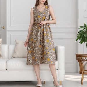 Vestido de verano Vestido de algodón estampado Vestido informal suelto sin mangas Vestido midi Vestido grande personalizado Vestido de lino Vestido de corte A Ropa de estar por casa suave Vestido de verano