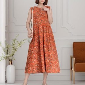Vestido de verano Vestido de algodón estampado Vestido informal suelto sin mangas Vestido midi Vestido grande personalizado Vestido de lino Vestido de corte A Ropa de estar por casa suave Vestido de verano