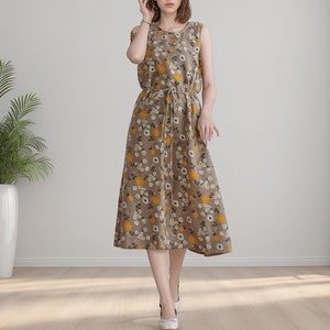 Vestido de verano Vestido de algodón estampado Vestido informal suelto sin mangas Vestido midi Vestido grande personalizado Vestido de lino Vestido de corte A Ropa de estar por casa suave Vestido de verano