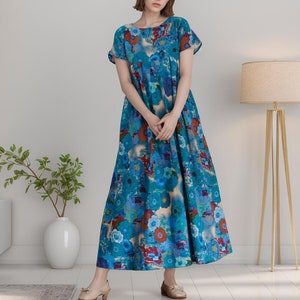 Summer Dress Printed Cotton Dress Casual Loose Short Sleeves Maxi Dress Custom Plus Size Dress Linen A-line Dress Soft Loungewear Homewear