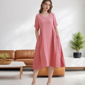Summer Dress Cotton Dress Short Sleeve Dress Midi Dress Customized Plus Size Clothes Shirt Dress Tunics Loose Sundress Soft Homewear