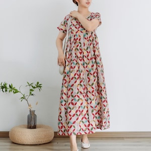 Final Sale Summer Dress Printed Cotton Dress Short Sleeves Maxi Dress Loose Dress Soft Homewear