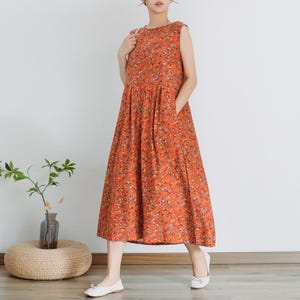 Vestido veraniego de algodón estampado, sin mangas, midi, holgado, suave, para estar en casa.