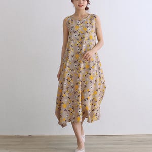 Vestido veraniego de algodón estampado, sin mangas, midi, holgado, suave, para estar en casa.