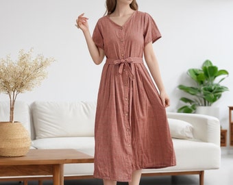 Summer Plaid Muslin Dress Natural Cotton Dress Organic Gauze Dress Short sleeves Midi Ties Dresses Soft Losse Homewear Tailored Plus Dress