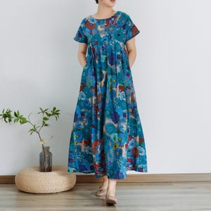 Final Sale Summer Dress Printed Cotton Dress Short Sleeves Maxi Dress Loose Dress Soft Homewear