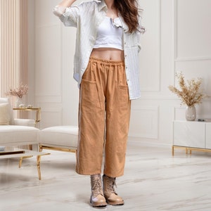 Cotton Corduroy Cropped Pant Elastic waist pant Thick Winter pants for women Loose pant wide leg trousers Custom plus pant Spring Fall Pant