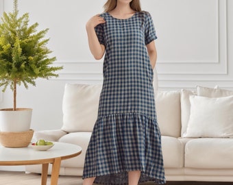 Summer Plaid Muslin Dress Natural Cotton Dress Organic Gauze Dress Short sleeves Midi A-line Dresses Soft Losse Homewear Tailored Plus Dress