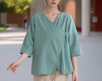 Summer cotton blouse three quarter sleeves Tops casual loose tops linen t-shirts tops spring plus blouses boho tops customized plus Blouse
