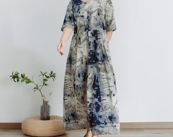 Summer Dress Printed Cotton Dress Half Sleeves Maxi Dress Loose Dress Soft Homewear