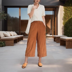 Cotton Corduroy Cropped Pant Elastic waist pant Thick Winter pants for women Loose pant wide leg trousers Custom plus pant Spring Fall Pant