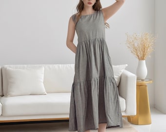 Summer Tiered Plaid Dress Muslin Organic 100%Cotton Sleeveless Dress Midi Dress Loose Sundress Soft Homewear Customized Plus Size Clothes