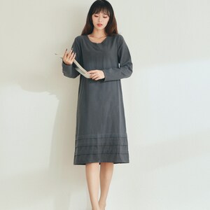Long Sleeves Dress Cotton Dress Knee Dress Customized Dress Pockets Dress Plus Dress Linen Spring Fall Dress Casual Loose Soft Dress