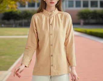 Vårbluskrage designad med långa ärmar Skjorta linne bomullstoppar vårkläder plus size anpassade plus size blusar boho toppar