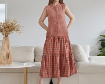 Summer Plaid Muslin Dress Natural Cotton Dress Organic Gauze Dress Short sleeves Midi A-line Dresses Soft Losse Homewear Tailored Plus Dress