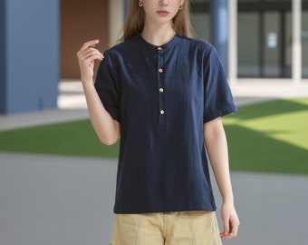Sommarbluskrage design med korta ärmar Skjorta linne bomullstoppar vårkläder plus size anpassade plus size blusar boho toppar