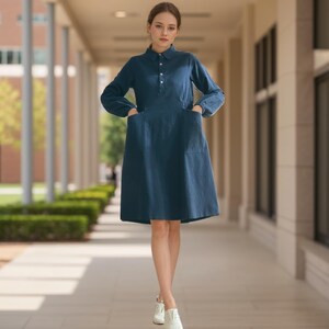 Long Sleeves Dress Cotton Shirt Dress Knee Dress Customized Dress Pockets Dress Plus Dress Linen Spring Fall Dress Casual Loose Soft Dress