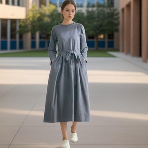 Long Sleeves Dress Cotton Dress Midi Dress Customized Dress Pockets Dress Plus Dress Linen Spring Fall Dress Casual Loose Soft Robes Tunics