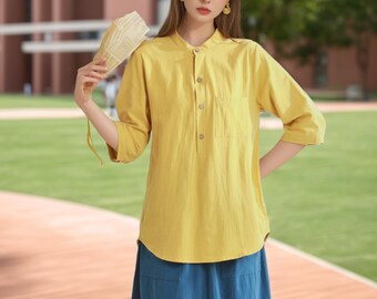 Summer blouse collar design with 3/4 sleeves Shirt linen cotton tops spring plus size clothing customized plus size blouses boho tops