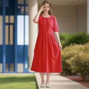 Summer Dress Cotton Dress Casual Loose Tunics Half Sleeves Midi Dress Custom Plus Size Dress Linen A-line Dress Soft Loungewear Homewear