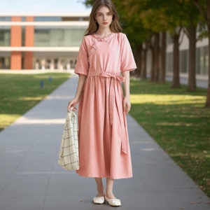 Summer Dress Cotton Dress Casual Loose Tunics Half Sleeves Midi Dress Custom Plus Size Dress Linen A-line Dress Soft Loungewear Homewear