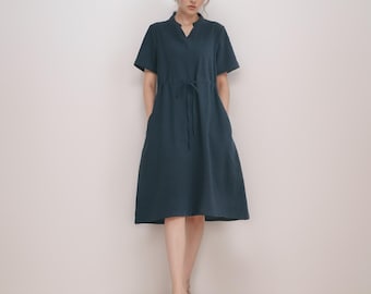 Women Summer Dress Cotton Dress Customized Dress Short Sleeves Dress Knee Dress Plus Size Dress Soft Dress Loose Ties Tunics Dress V-neck