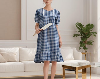 Summer Plaid Muslin Dress Natural Cotton Dress Organic Gauze Dress Short sleeves Midi Ties Dresses Soft Losse Homewear Tailored Plus Dress