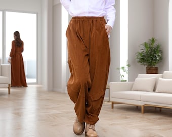 Pantalón de pana de algodón, pantalones de cintura elástica, pantalones gruesos de invierno para mujer, pantalones largos sueltos, pantalones de pierna ancha, pantalones personalizados de talla grande, pantalones de primavera y otoño.