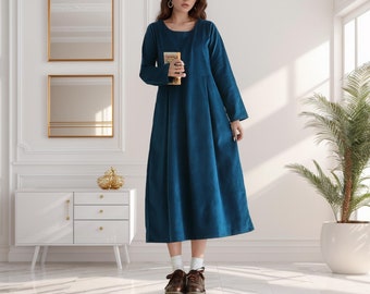 Thick Cotton Corduroy Dress Long Sleeves Tunics Dress Loose Warm Dress Customized Shirt Midi Dress Hand Made Plus Winter/Fall Corduroy Robe