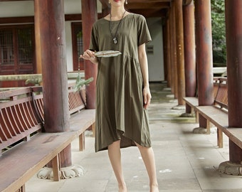Women Summer Dress Cotton Dress Customized Dress Short Sleeves Dress Midi Dress Plus Size Dress Soft Dress Casual Loose Loose Dress Tunics