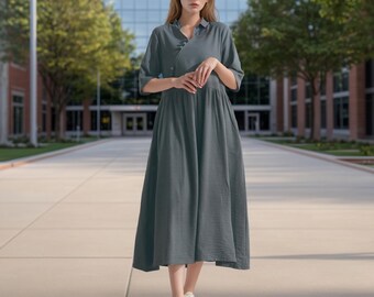 Women Summer Dress Cotton Dress Casual Loose Half Sleeves Midi Dress Custom Plus Size Dress Loose V-neck Dress Soft Loungewear Homewear