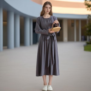 Long Sleeves Dress Cotton Dress Midi Dress Customized Dress Pockets Dress Plus Dress Linen Spring Fall Dress Casual Loose Soft Robes Tunics